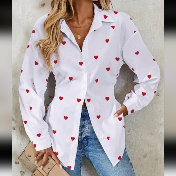 Women's Elegant French Style Heart Print Long Sleeve Shirt,Valentine's Day - Picture 5 of 5
